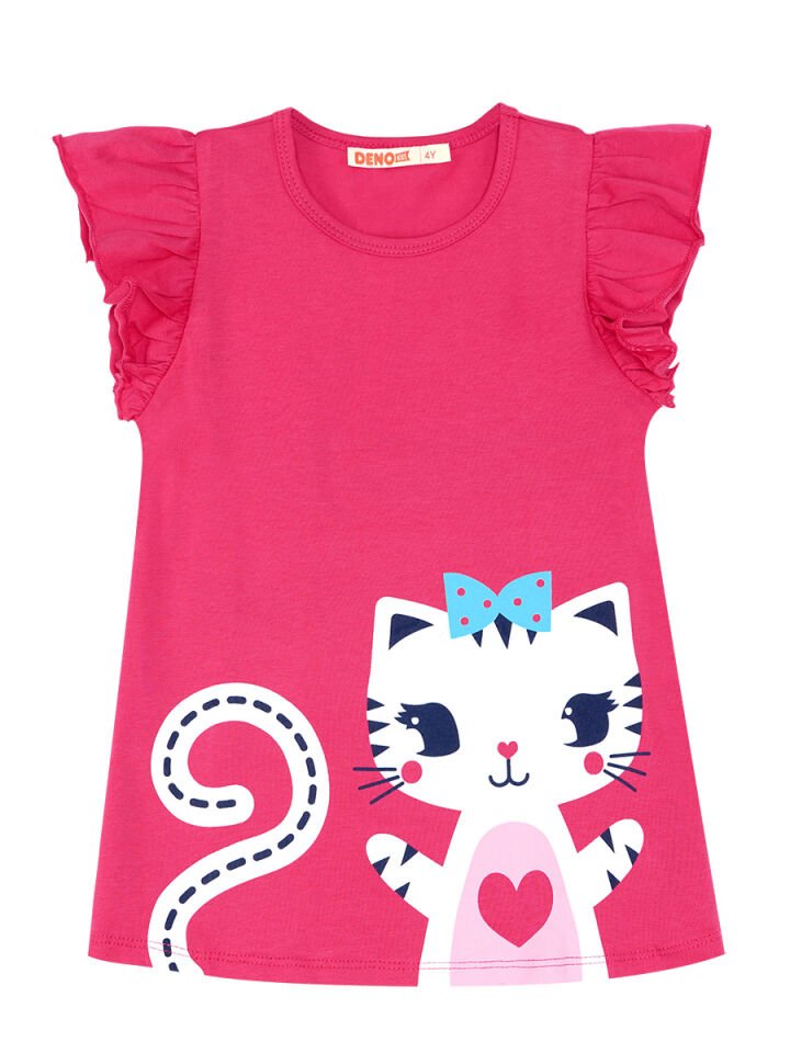 Fırfırlı Kedicik Kız Çocuk T-shirt Tayt Takım