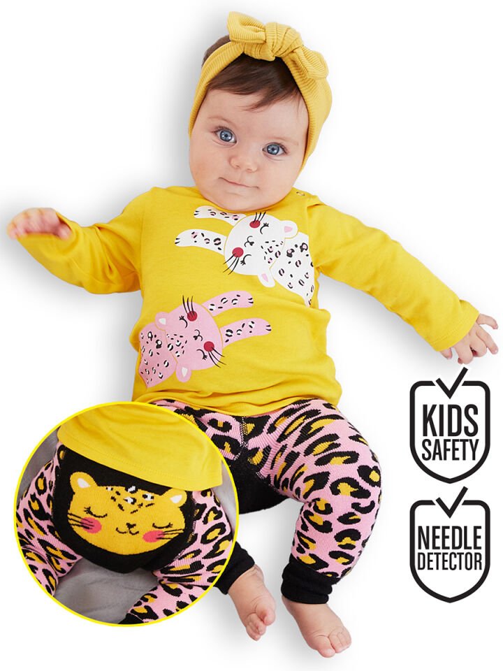 Leopar Kız Bebek T-shirt Tayt-Pantolon Takım 3-6 M - Pembe, Siyah, Beyaz