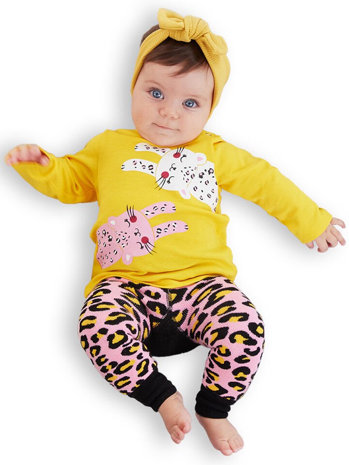 Leopar Kız Bebek T-shirt Tayt-Pantolon Takım 3-6 M - Pembe, Siyah, Beyaz