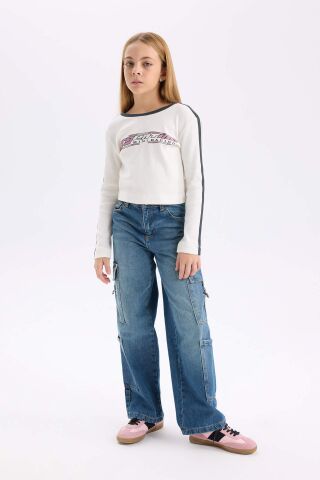 Kız Çocuk Slim Fit Dar Kesim Bisiklet Yaka Baskılı Fitilli Kaşkorse Uzun Kollu Tişört