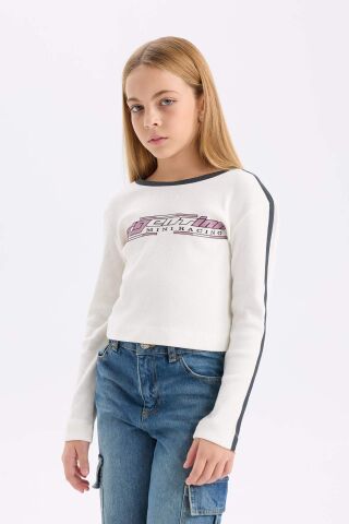 Kız Çocuk Slim Fit Dar Kesim Bisiklet Yaka Baskılı Fitilli Kaşkorse Uzun Kollu Tişört