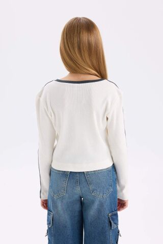 Kız Çocuk Slim Fit Dar Kesim Bisiklet Yaka Baskılı Fitilli Kaşkorse Uzun Kollu Tişört