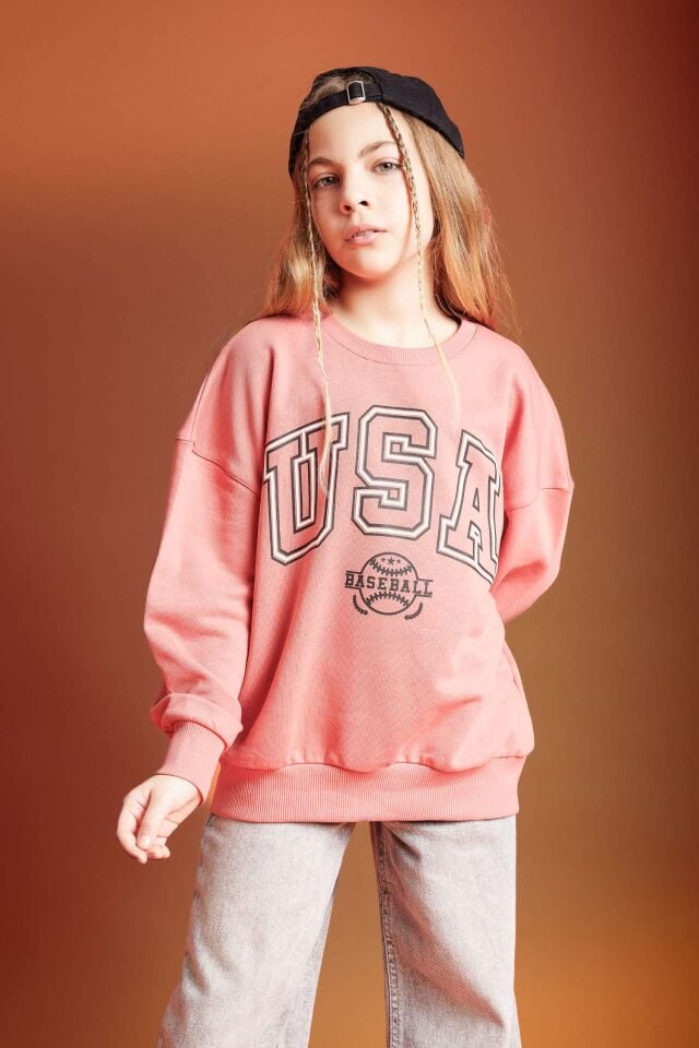 Kız Çocuk Oversize Geniş Kalıp Bisiklet Yaka Baskılı Sweatshirt