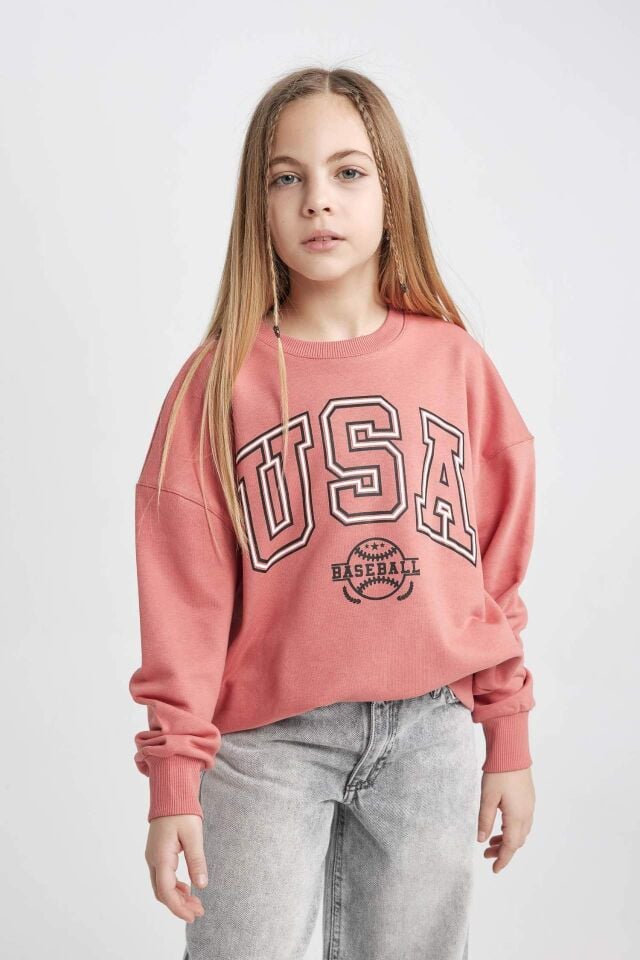 Kız Çocuk Oversize Geniş Kalıp Bisiklet Yaka Baskılı Sweatshirt