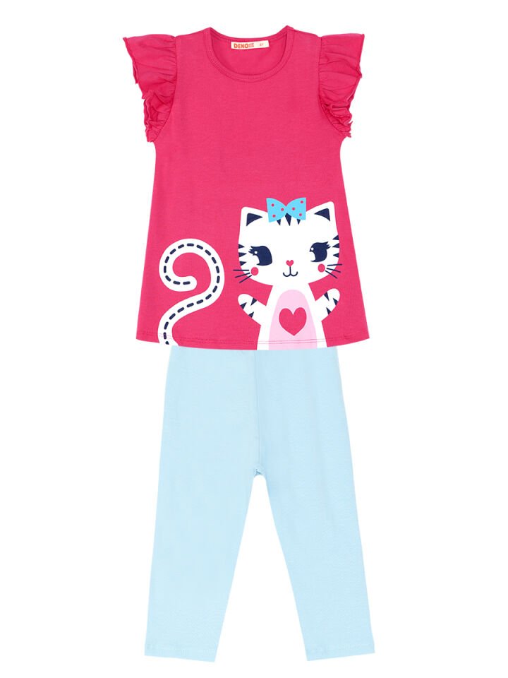 Fırfırlı Kedicik Kız Çocuk T-shirt Tayt Takım 3 Y - Pembe, Mavi
