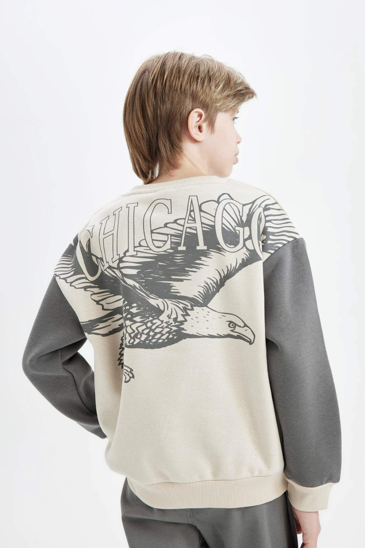 Erkek Çocuk Oversize Geniş Kalıp Bisiklet Yaka Sırt Baskılı Kalın Sweatshirt