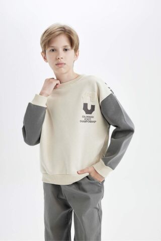 Erkek Çocuk Oversize Geniş Kalıp Bisiklet Yaka Sırt Baskılı Kalın Sweatshirt