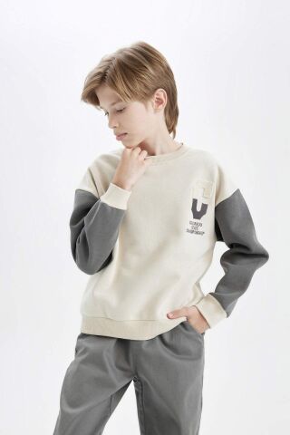 Erkek Çocuk Oversize Geniş Kalıp Bisiklet Yaka Sırt Baskılı Kalın Sweatshirt