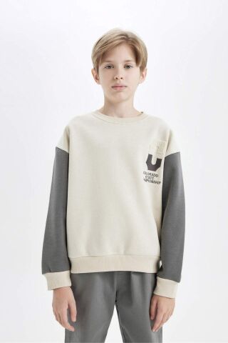 Erkek Çocuk Oversize Geniş Kalıp Bisiklet Yaka Sırt Baskılı Kalın Sweatshirt