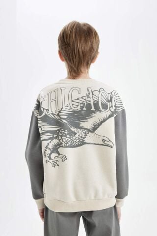 Erkek Çocuk Oversize Geniş Kalıp Bisiklet Yaka Sırt Baskılı Kalın Sweatshirt