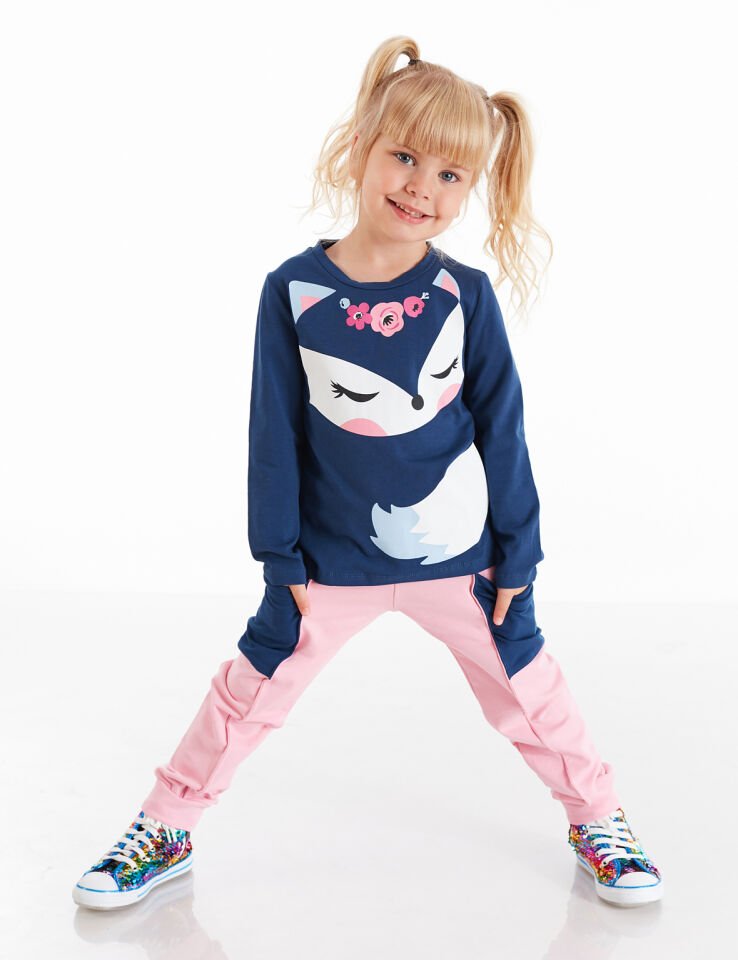 Cute Fox Kız Çocuk T-shirt Pantolon Takım 5 Y - Lacivert, Pembe