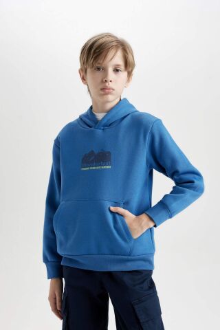 Erkek Çocuk Kapüşonlu Sırt Baskılı Cepli Kalın Sweatshirt