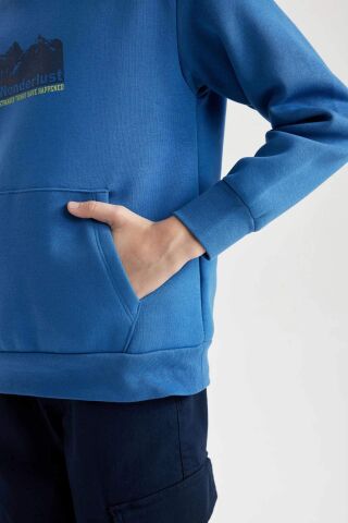 Erkek Çocuk Kapüşonlu Sırt Baskılı Cepli Kalın Sweatshirt