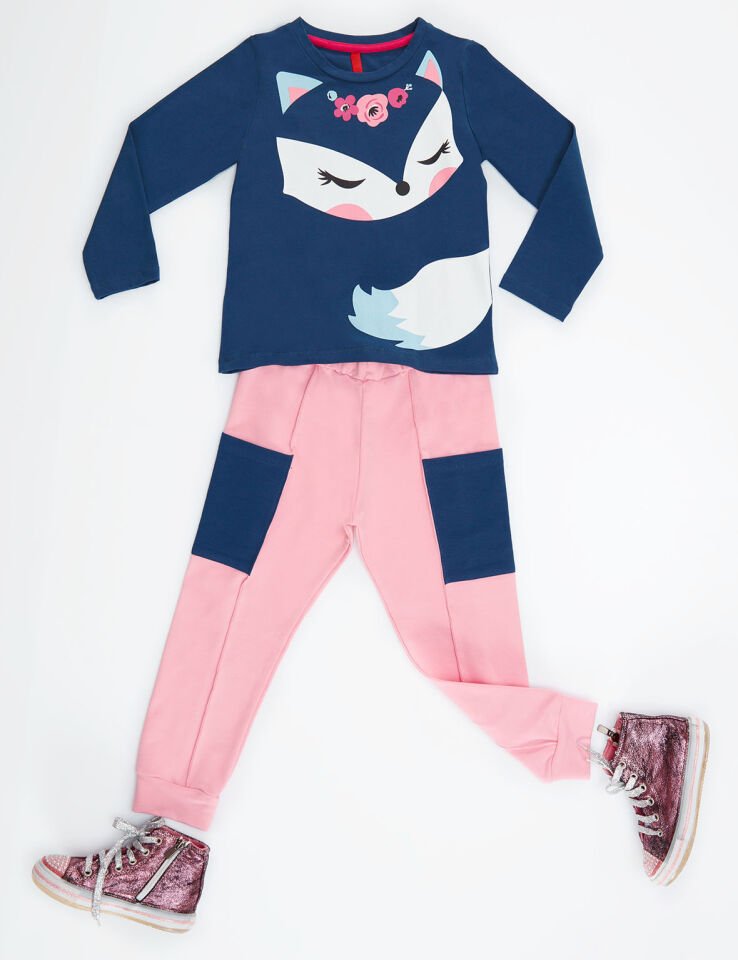 Cute Fox Kız Çocuk T-shirt Pantolon Takım 7 Y - Lacivert, Pembe