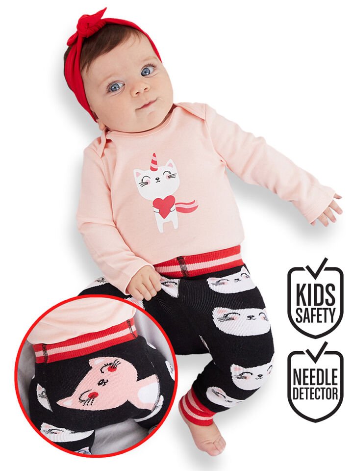 Kedi Kız Bebek Body Tayt-Pantolon Takım 24-36 M - Pembe, Siyah, Beyaz