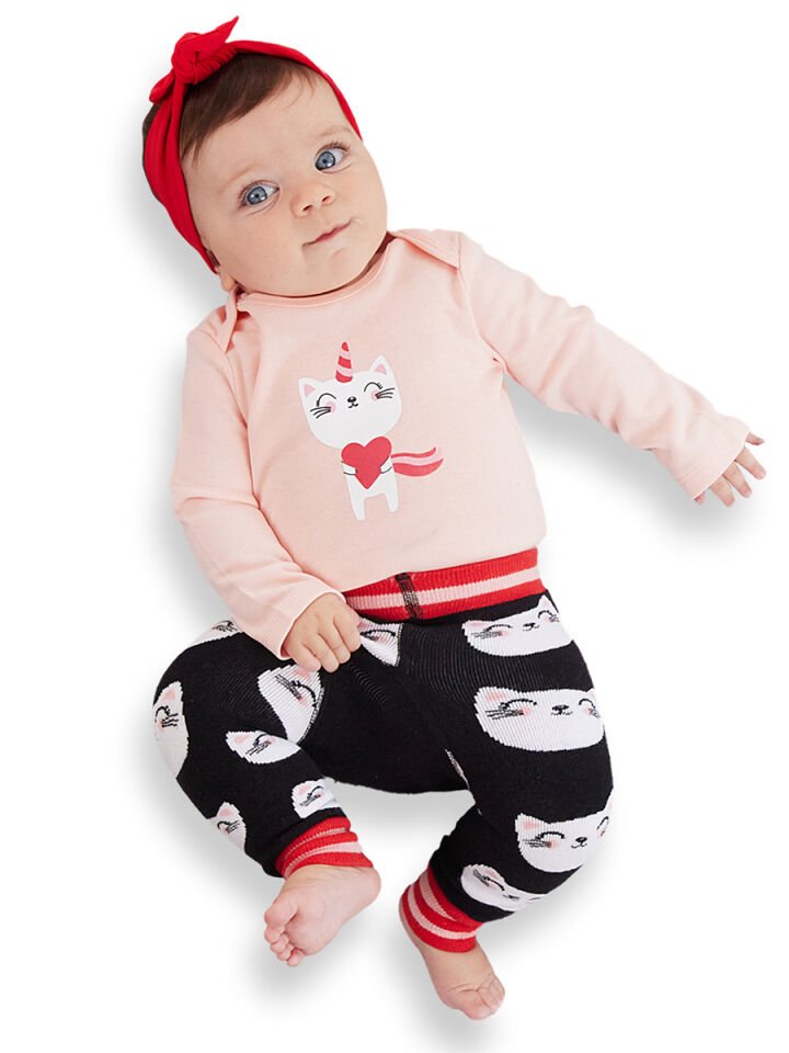 Kedi Kız Bebek Body Tayt-Pantolon Takım 24-36 M - Pembe, Siyah, Beyaz