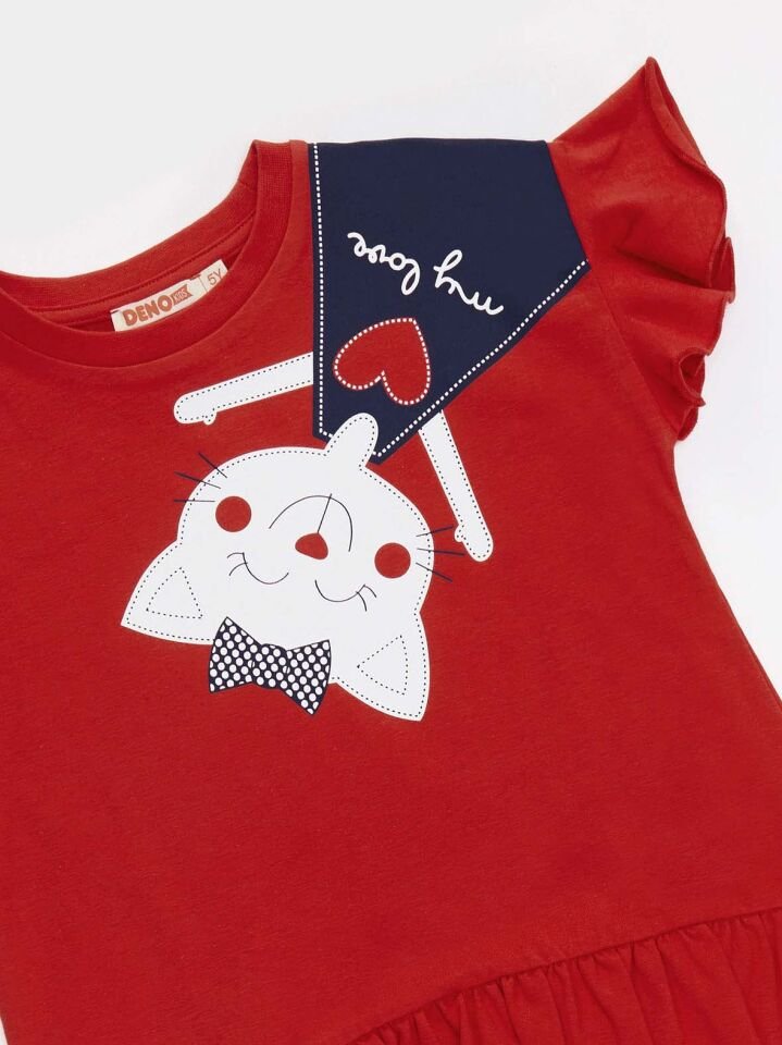 Yaramaz Kedi Kız Çocuk T-shirt Tayt Takım 3 Y - Kırmızı, Lacivert
