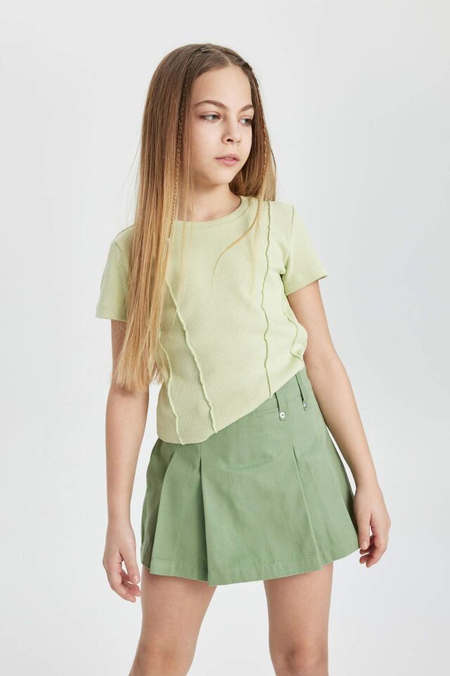 Kız Çocuk Slim Fit Dar Kesim Bisiklet Yaka Ribana Kısa Kollu Tişört