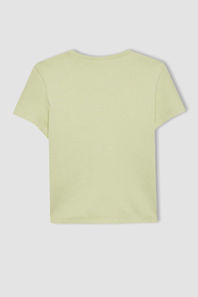 Kız Çocuk Slim Fit Dar Kesim Bisiklet Yaka Ribana Kısa Kollu Tişört