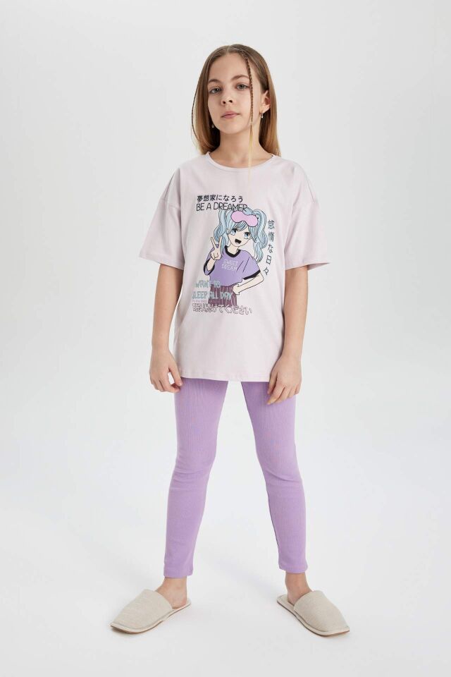 Kız Çocuk Pijama Takımı Oversize Geniş Kalıp Baskılı Kısa Kollu Üst Tayt