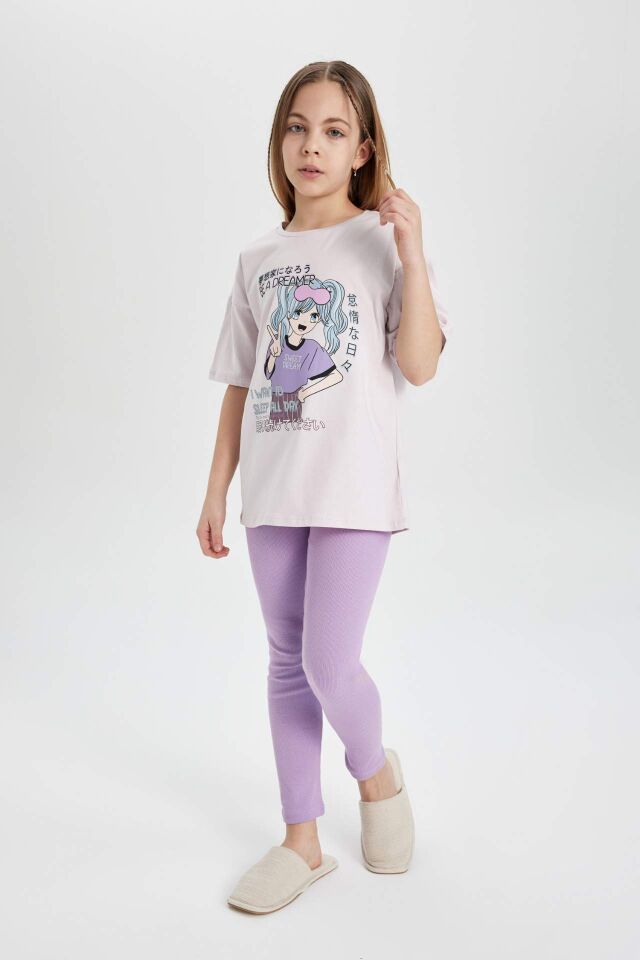 Kız Çocuk Pijama Takımı Oversize Geniş Kalıp Baskılı Kısa Kollu Üst Tayt