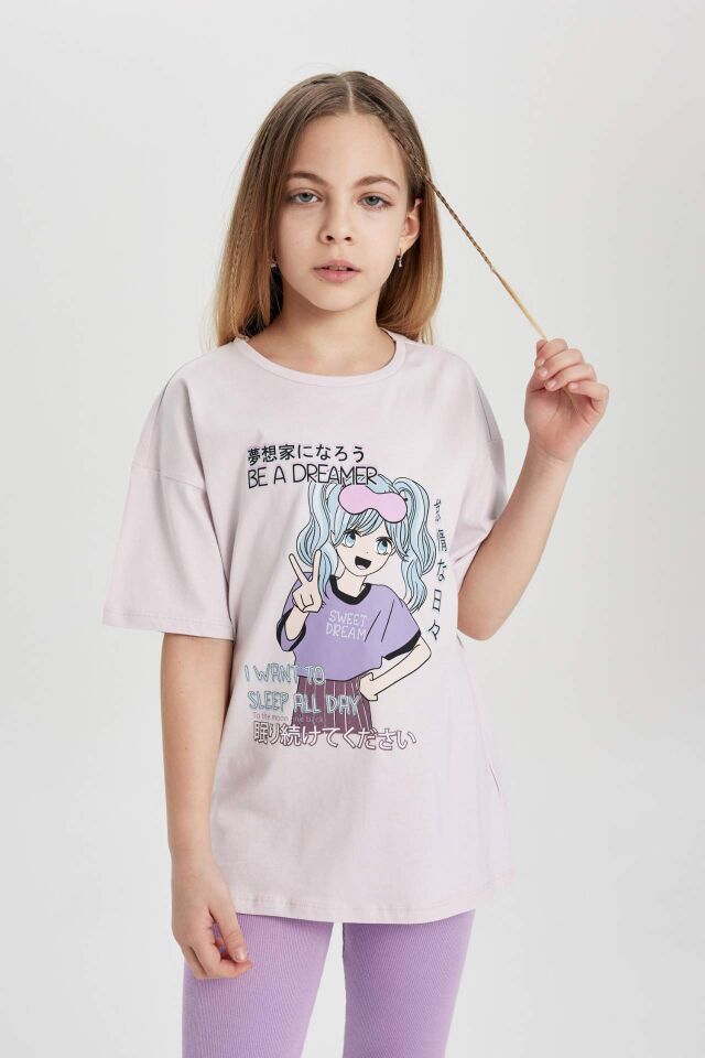 Kız Çocuk Pijama Takımı Oversize Geniş Kalıp Baskılı Kısa Kollu Üst Tayt