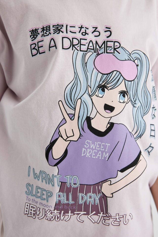 Kız Çocuk Pijama Takımı Oversize Geniş Kalıp Baskılı Kısa Kollu Üst Tayt