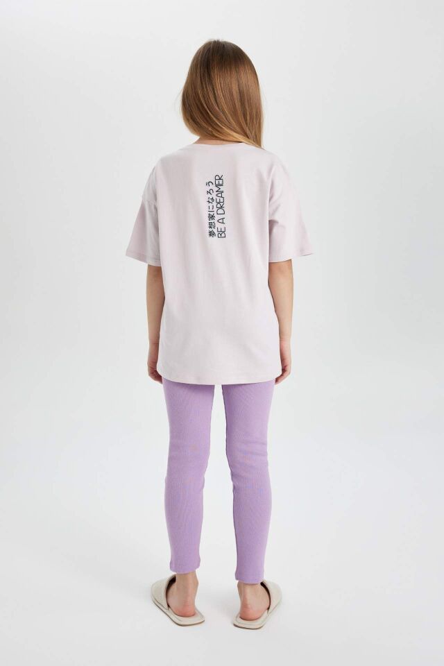 Kız Çocuk Pijama Takımı Oversize Geniş Kalıp Baskılı Kısa Kollu Üst Tayt