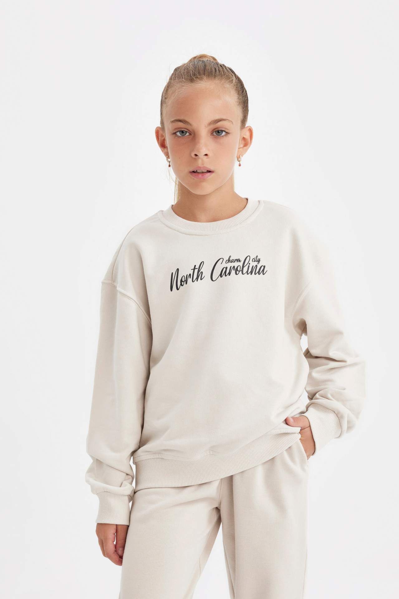Kız Çocuk Bisiklet Yaka Baskılı Okul Sweatshirt