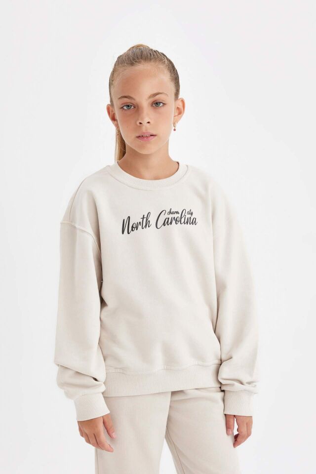 Kız Çocuk Bisiklet Yaka Baskılı Okul Sweatshirt