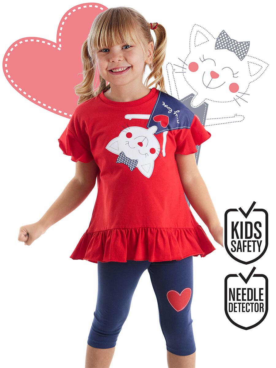 Yaramaz Kedi Kız Çocuk T-shirt Tayt Takım 7 Y - Kırmızı, Lacivert