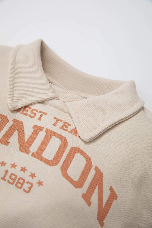 Kız Bebek Polo Yaka Baskılı Eteği Çiçek Desenli Uzun Kollu Sweatshirt Elbise