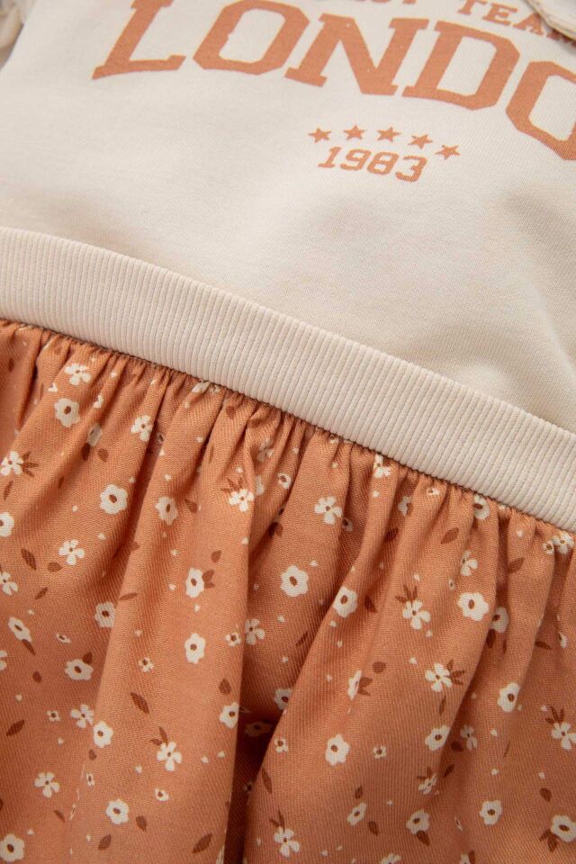 Kız Bebek Polo Yaka Baskılı Eteği Çiçek Desenli Uzun Kollu Sweatshirt Elbise