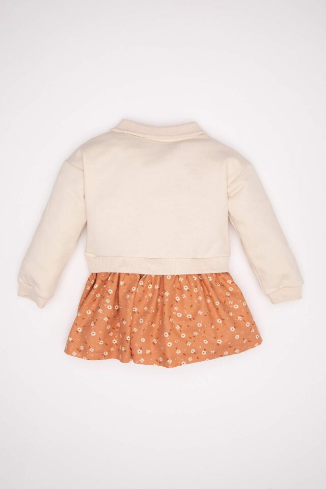 Kız Bebek Polo Yaka Baskılı Eteği Çiçek Desenli Uzun Kollu Sweatshirt Elbise