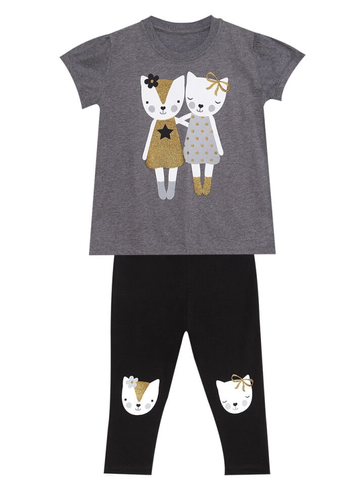 Kedi Dostlar Kız Çocuk T-Shirt Tayt Takım 3 Y - Antresit, Siyah