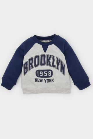 Erkek Bebek Bisiklet Yaka Baskılı İçi Yumuşak Tüylü İnce  Sweatshirt