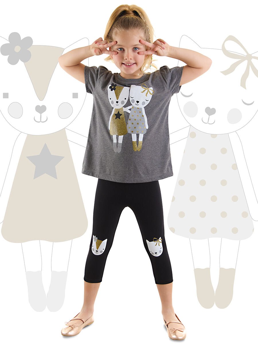 Kedi Dostlar Kız Çocuk T-Shirt Tayt Takım 5 Y - Antresit, Siyah