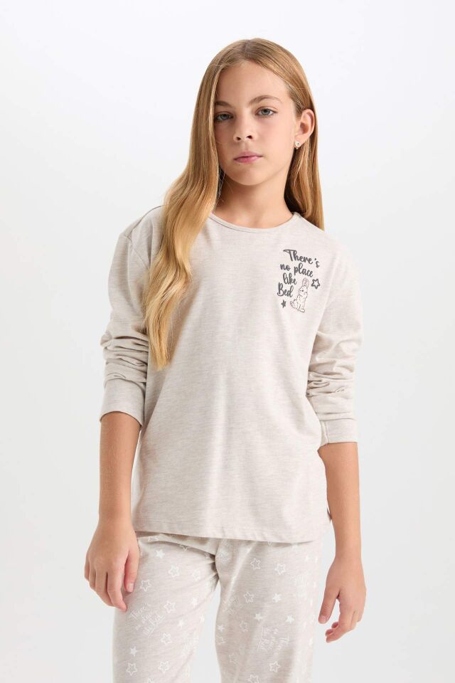 Kız Çocuk Pijama Takımı Bisiklet Yaka Baskılı Uzun Kollu Üst Beli Lastikli Uzun Alt