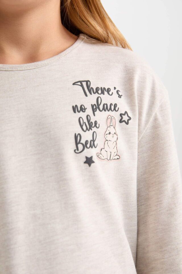 Kız Çocuk Pijama Takımı Bisiklet Yaka Baskılı Uzun Kollu Üst Beli Lastikli Uzun Alt