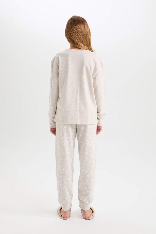 Kız Çocuk Pijama Takımı Bisiklet Yaka Baskılı Uzun Kollu Üst Beli Lastikli Uzun Alt