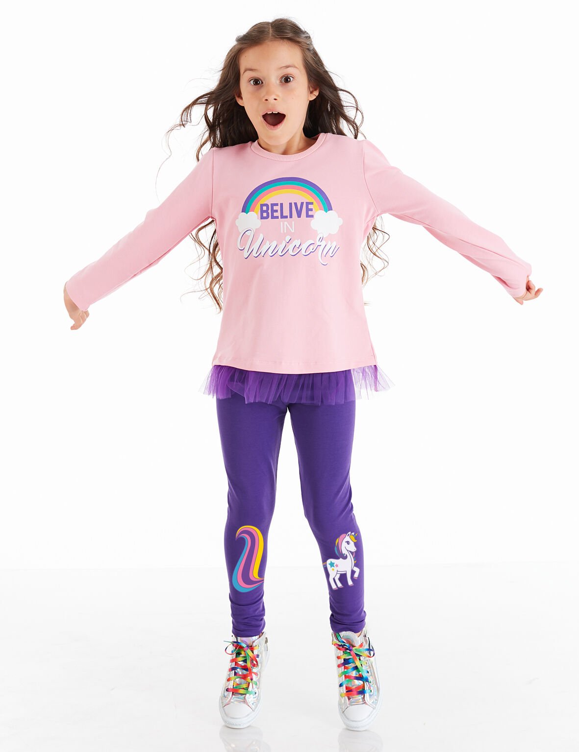 Colorfull Unicorn Kız Çocuk Tunik tayt Takım 6 Y - Mor,Pembe