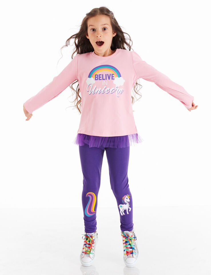 Colorfull Unicorn Kız Çocuk Tunik tayt Takım 6 Y - Mor,Pembe