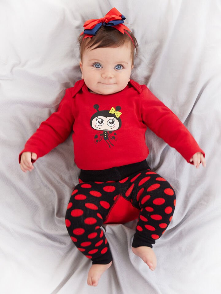Uğur Böceği Kız Bebek Body Tayt-Pantolon Takım 18-24 M - Kırmızı, Siyah