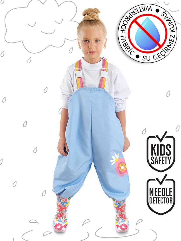 Çiçekli Kız Çocuk Su Geçirmez Yağmur Tulumu 5-6 Y - Mavi