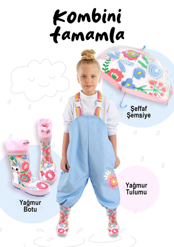 Çiçekli Kız Çocuk Su Geçirmez Yağmur Tulumu 5-6 Y - Mavi