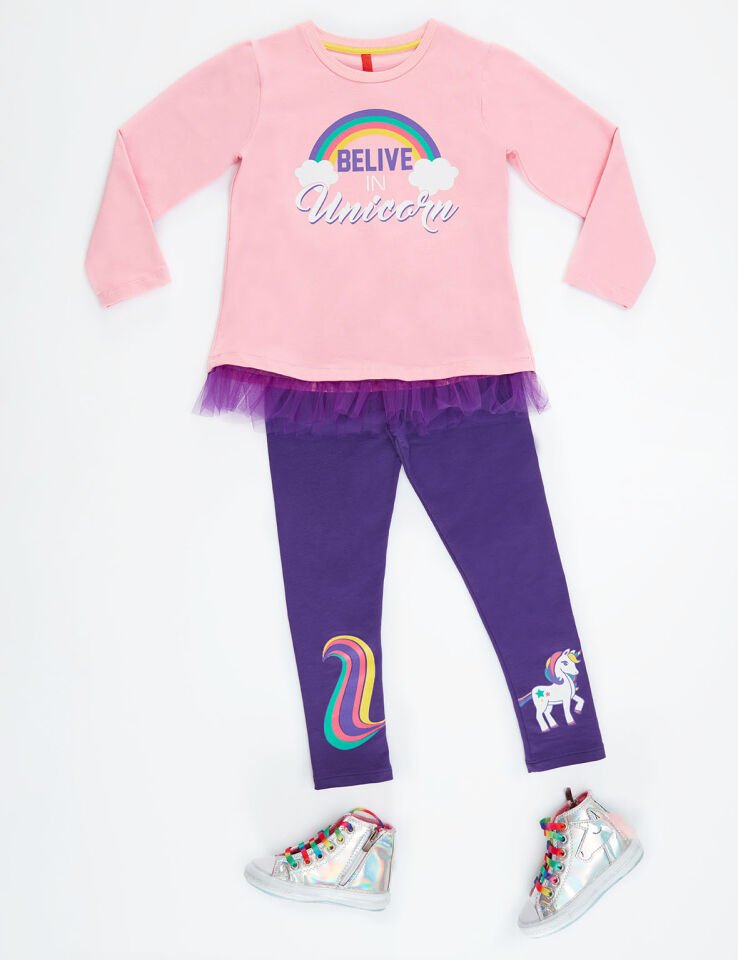 Colorfull Unicorn Kız Çocuk Tunik tayt Takım 3 Y - Mor,Pembe