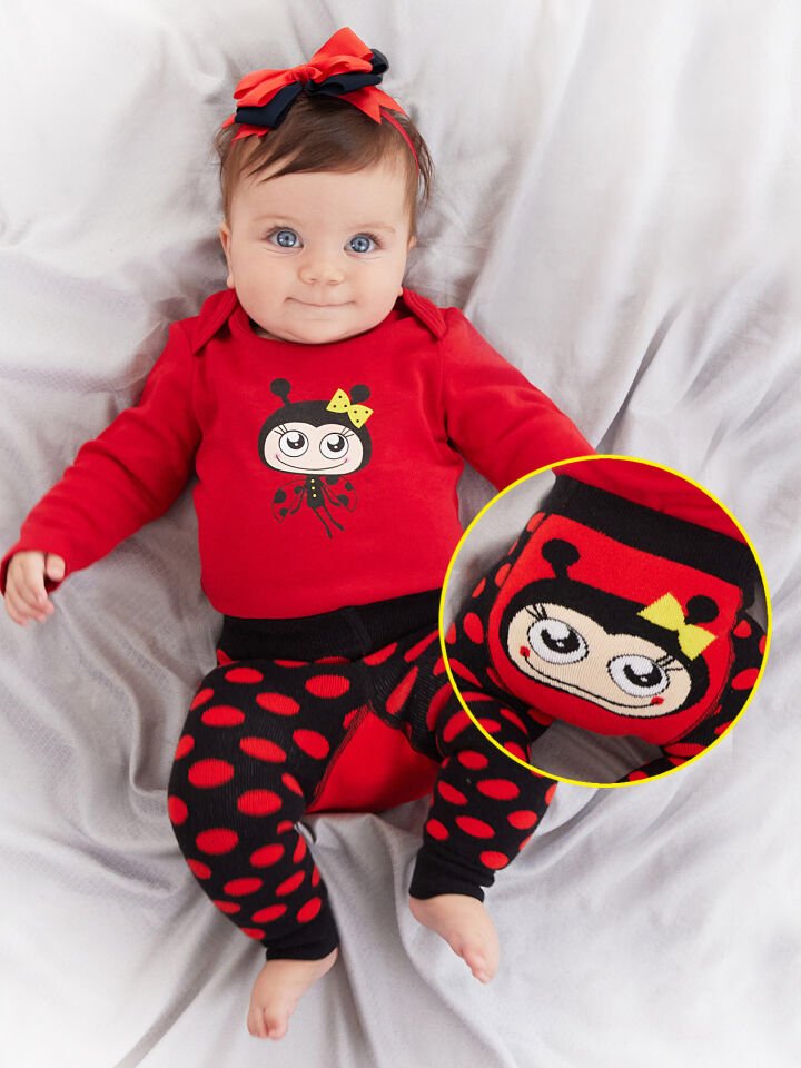 Uğur Böceği Kız Bebek Body Tayt-Pantolon Takım 24-36 M - Kırmızı, Siyah