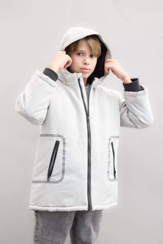 Erkek Çocuk Su İtici Kapüşonlu Polar Astarlı Fermuarlı Cepli Parka
