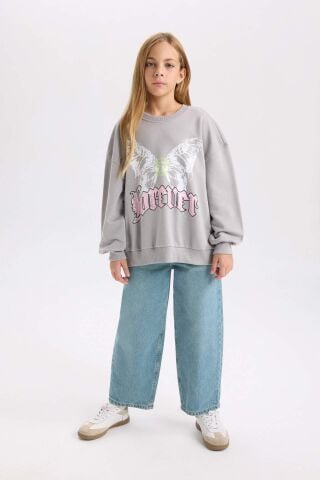 Kız Çocuk Gri Oversize Geniş Kalıp Bisiklet Yaka Sırt Baskılı Sweatshirt