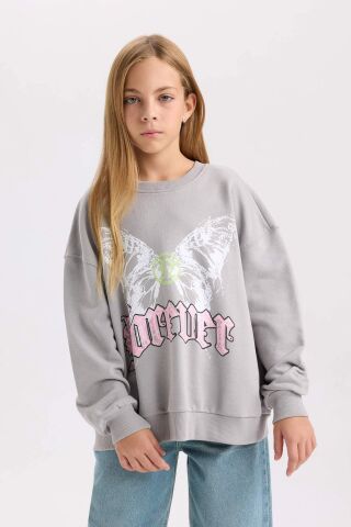 Kız Çocuk Gri Oversize Geniş Kalıp Bisiklet Yaka Sırt Baskılı Sweatshirt